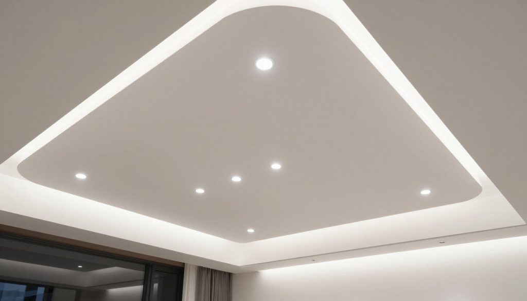 Abgehängte Decke mit integrierten LED-Einbaustrahlern in modernem Wohnzimmer