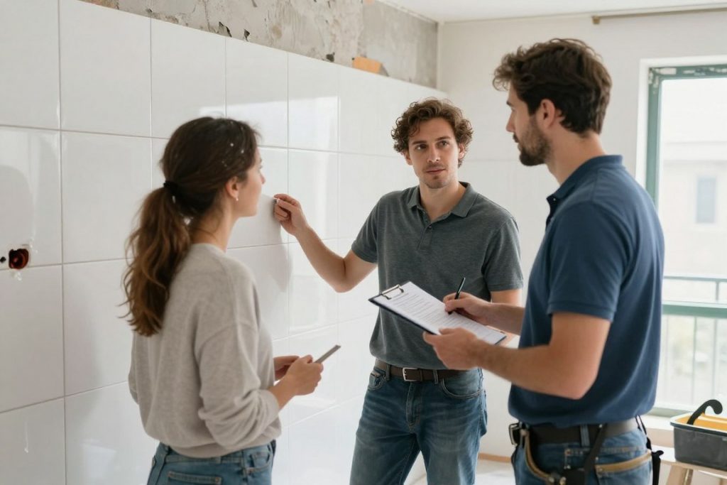 Abnahme von fertig verlegten Fliesen durch Kunden und Fliesenleger