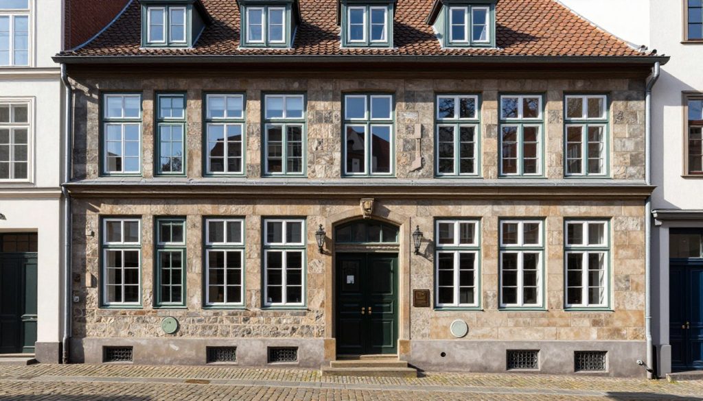 Altbaufassade in der Oldenburger Innenstadt mit frisch sanierten Fenstern