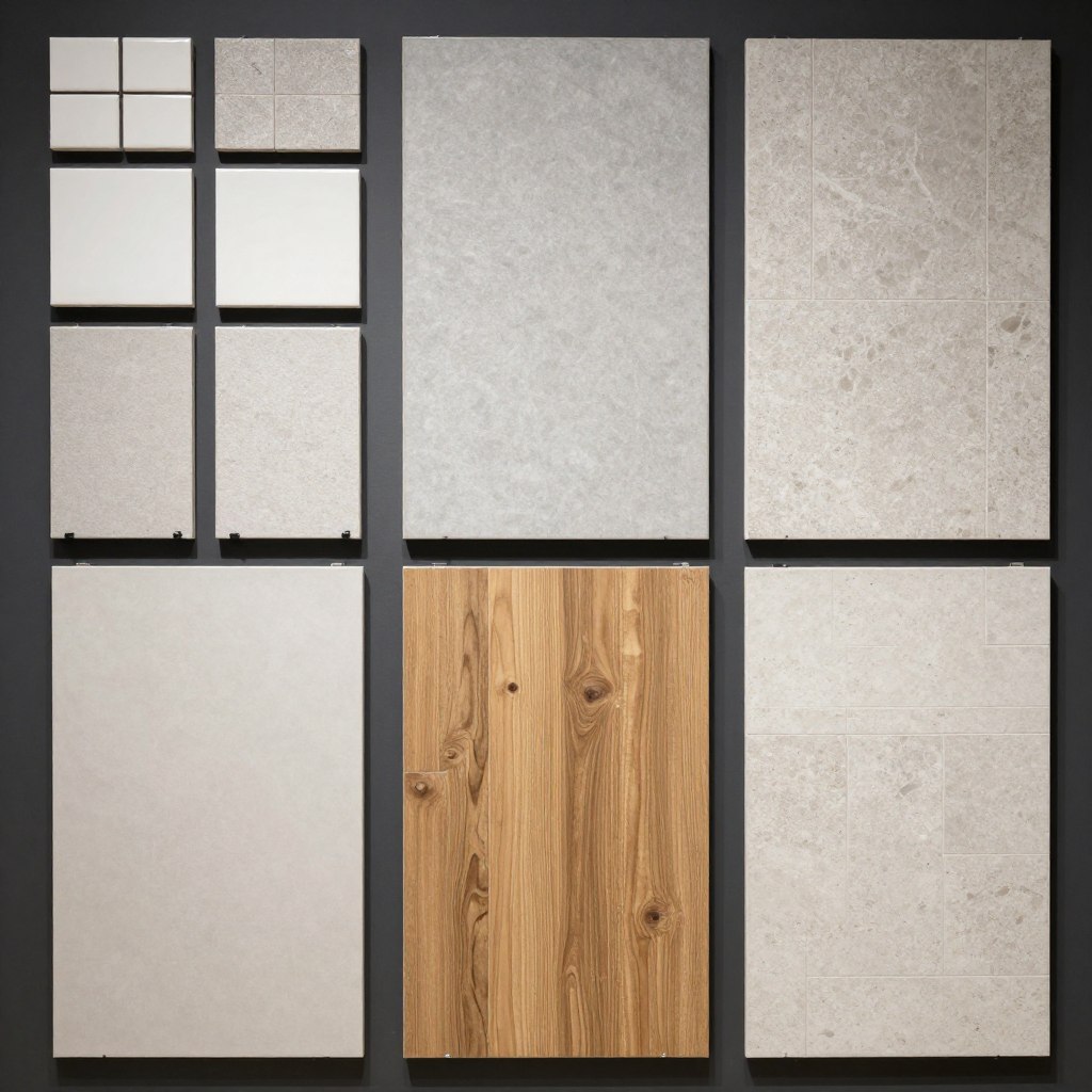 Auswahl verschiedener Bodenfliesen in unterschiedlichen Formaten und Oberflächen