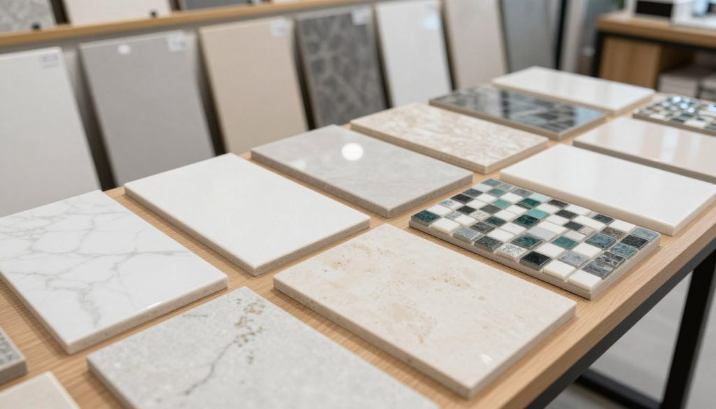 Auswahl verschiedener Fliesenmuster und Materialproben auf Tisch