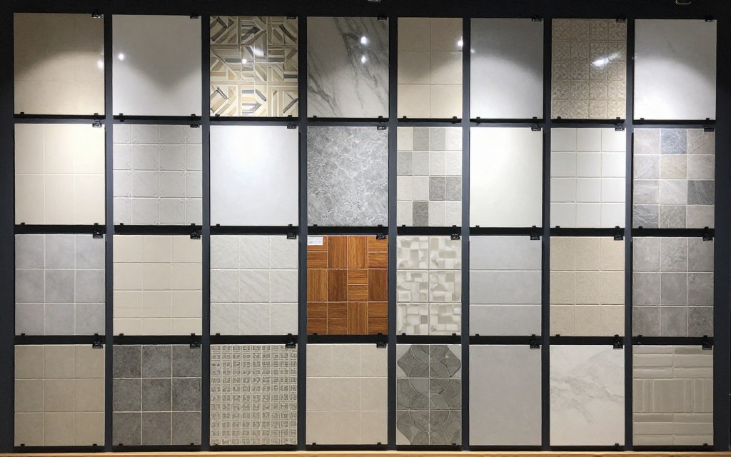 Auswahl verschiedener Keramikfliesen in unterschiedlichen Farben und Mustern