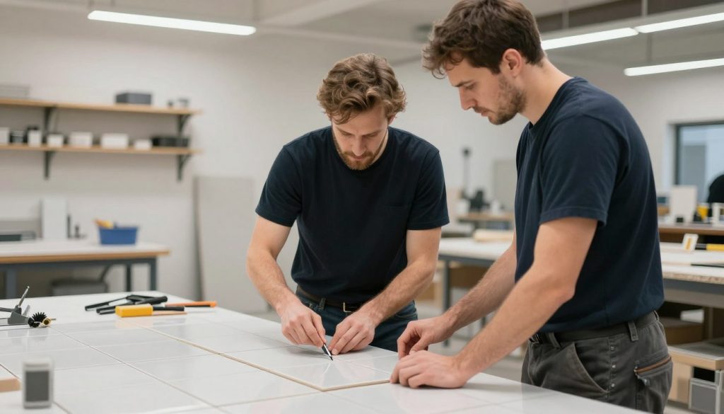 Auszubildender Fliesenleger bei der Arbeit unter Anleitung eines Meisters