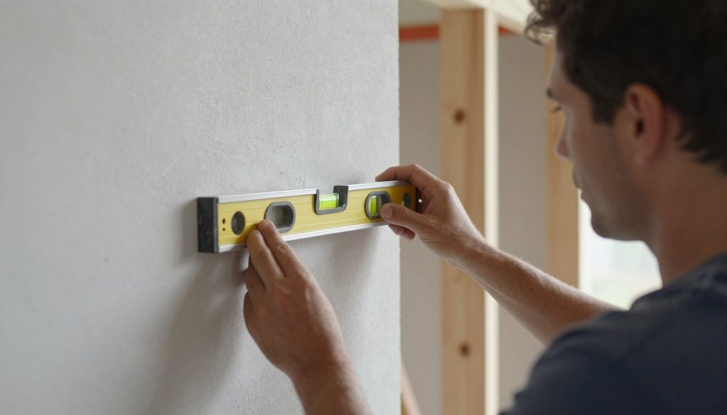 Bauherr prüft Maurerarbeiten mit Wasserwaage in Weyhe