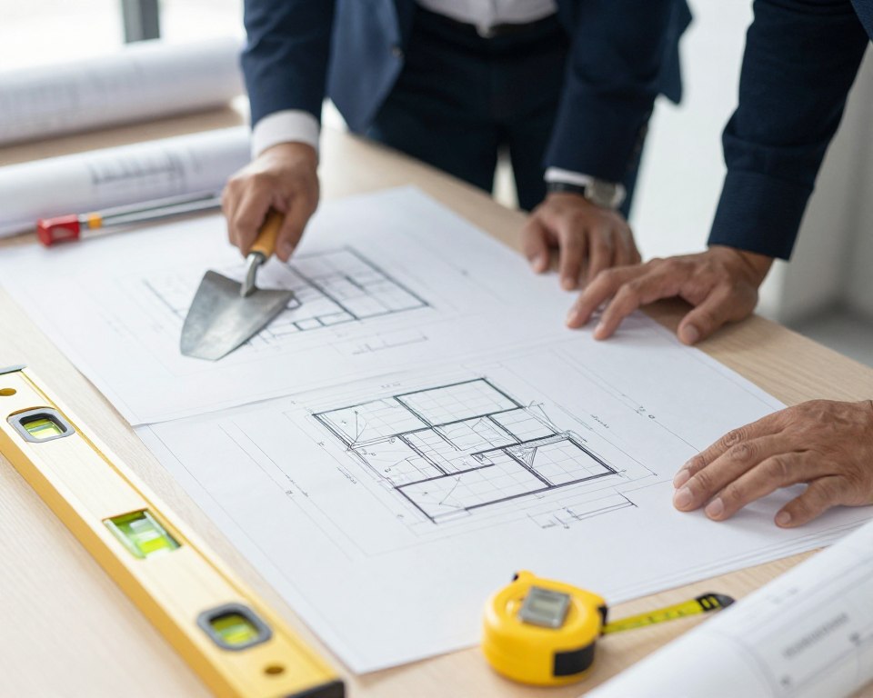 Baupläne und Werkzeuge auf Tisch bei Planungsgespräch Weyhe