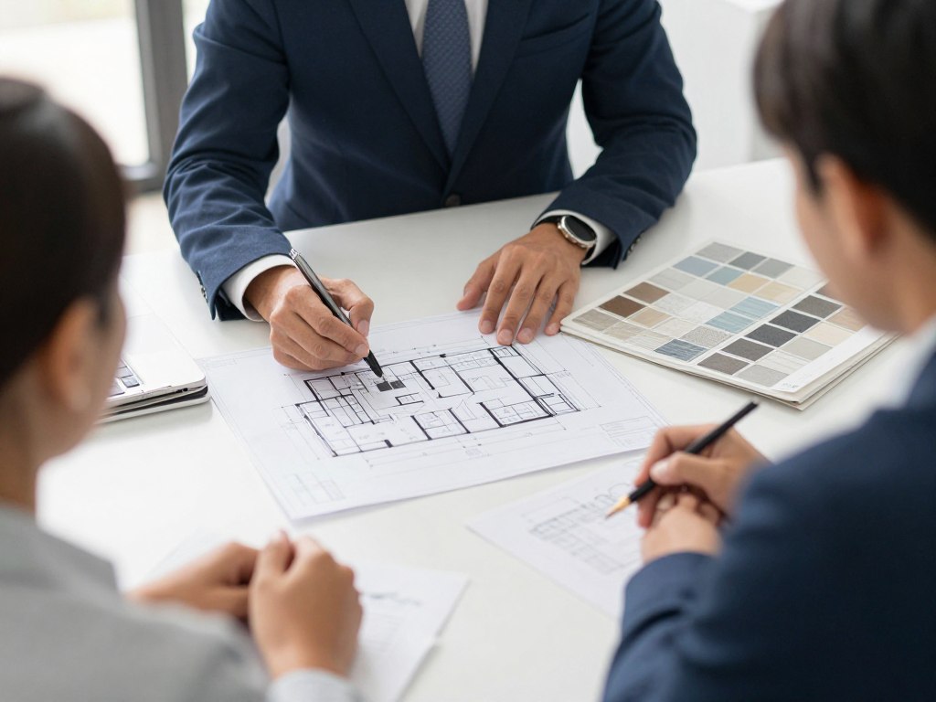 Beratungsgespräch mit Grundriss und Fliesenmuster-Katalog für Projekt in Oldenburg