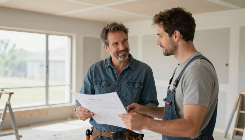 Beratungsgespräch zwischen Handwerker und Kunde auf Baustelle