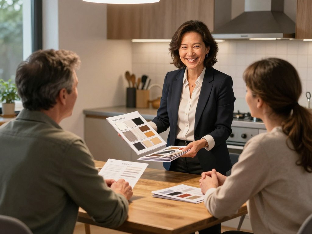 Beratungsgespräch zwischen Werklotse-Berater und Hausbesitzern am Küchentisch mit Fenster-Mustern
