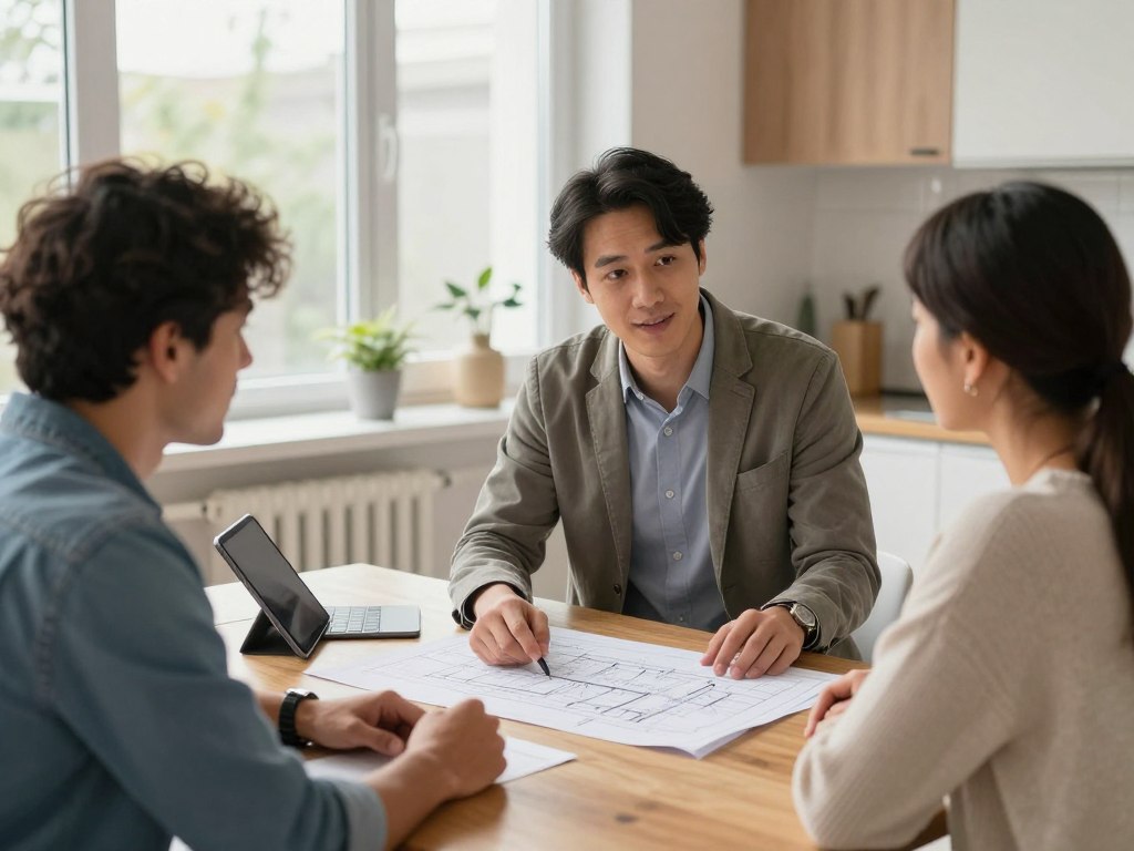 Beratungsgespräch zwischen Werklotse-Mitarbeiter und Hausbesitzer vor Ort in Oldenburg zum Thema Heizung und Sanitär