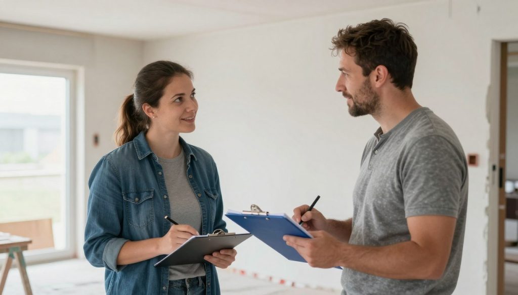 Besprechung zwischen Kunde und Berater vor Ort bei Renovierungsprojekt