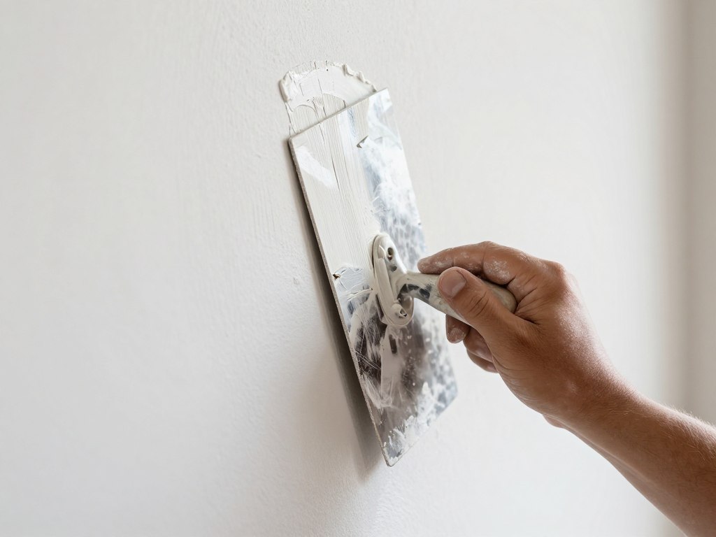 Detailaufnahme Verputzer Arbeit mit Glättekelle an Innenwand