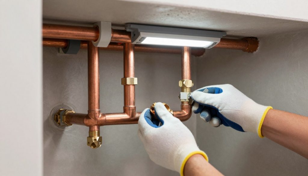 Detailaufnahme einer fachgerechten Sanitärinstallation mit modernen Rohrleitungen und Armaturen durch SHK-Installateur