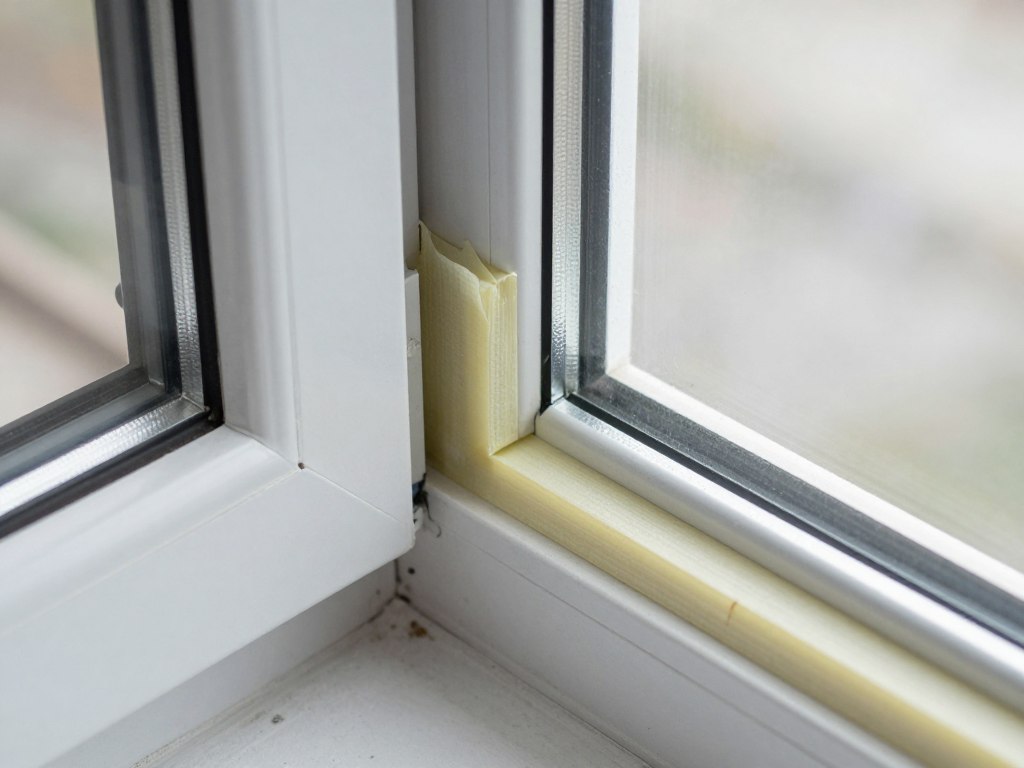 Detailaufnahme einer professionell abgedichteten Fensteranschlussfuge mit Dämmung