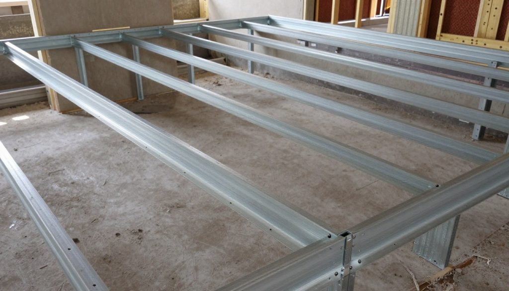 Detailaufnahme einer professionell erstellten Metallunterkonstruktion für Trockenbau