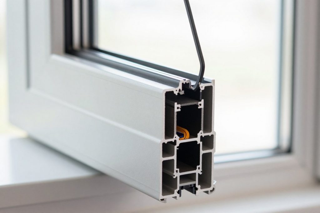 Detailaufnahme eines hochwertigen Fensterrahmens mit Dreifachverglasung und Dichtungen