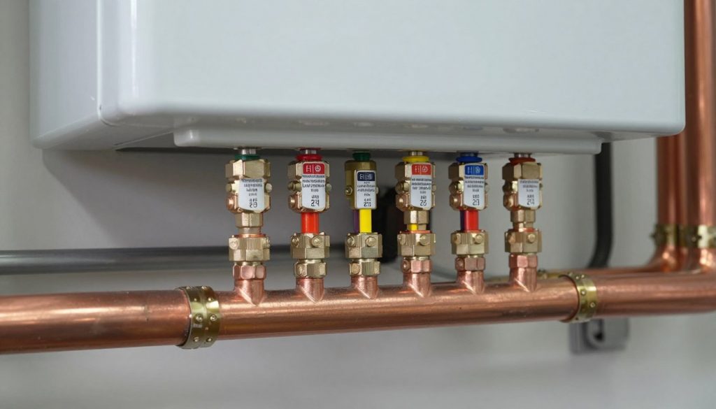 Detailaufnahme professioneller Heizungsinstallation mit beschrifteten Rohrleitungen