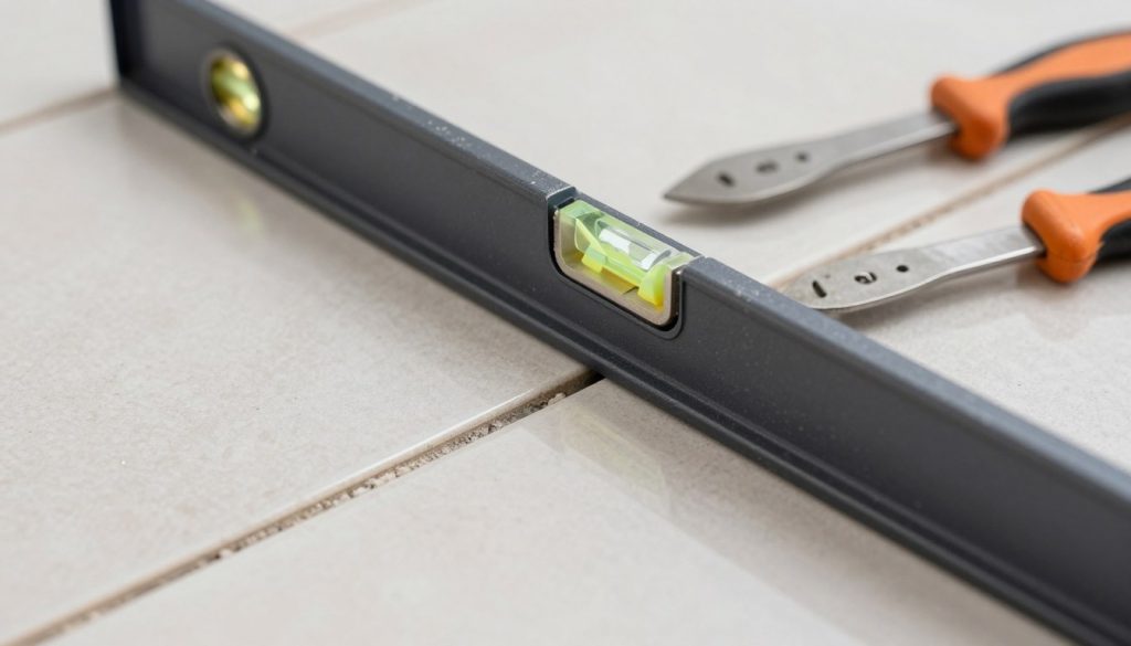 Detailaufnahme von präziser Fliesenverlegung mit gleichmäßigen Fugen und Nivelliersystem