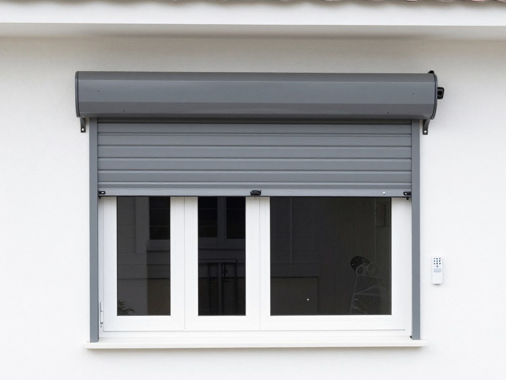 Elektrischer Rollladen mit moderner Steuerung an Kunststofffenster montiert