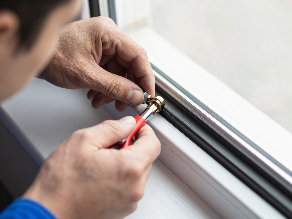 Fachmann justiert Fensterbeschlag und prüft Dichtungen bei Wartung