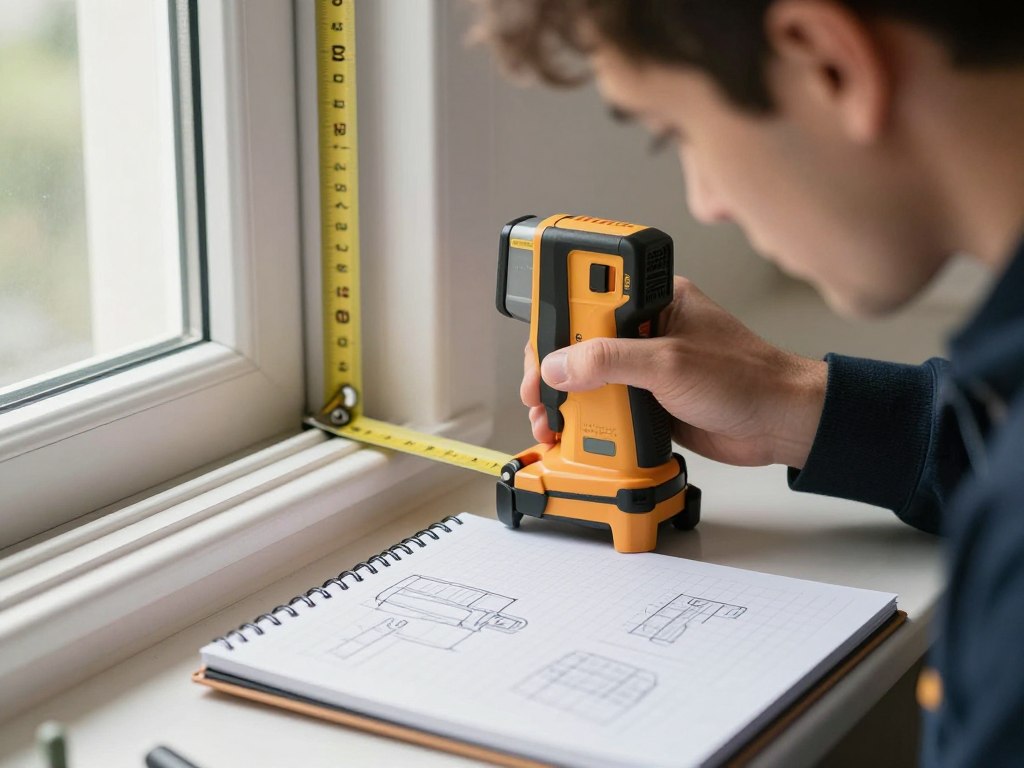 Fachmann nimmt präzises Maß an Fensteröffnung mit digitalem Messgerät