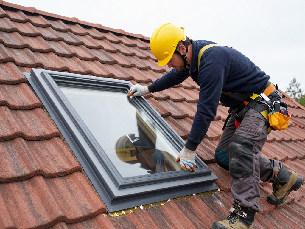 Fensterbauer baut ein neues Dachfenster fachgerecht in ein Schrägdach ein