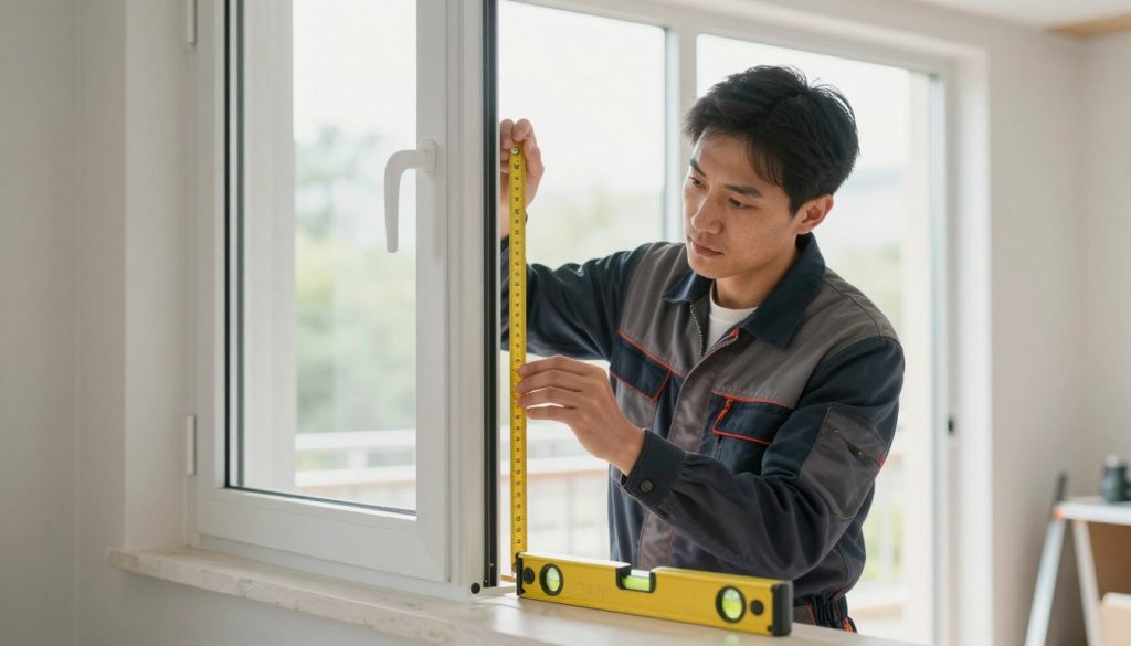 Fensterbauer misst mit einer Wasserwaage