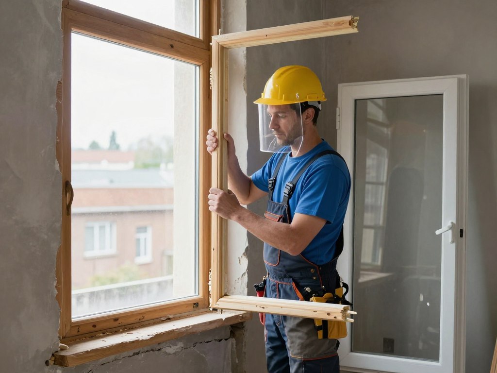 Fensterbauer tauscht altes Holzfenster gegen modernes Kunststofffenster in Altbau