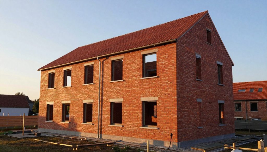 Fertiggestelltes Mauerwerk an Neubau in Weyhe bei Sonnenuntergang