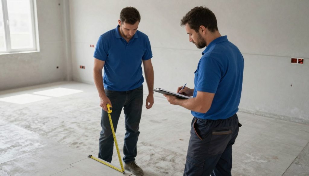 Fliesenleger Team beim Ausmessen und Planen der Fliesenverlegung in einem Raum