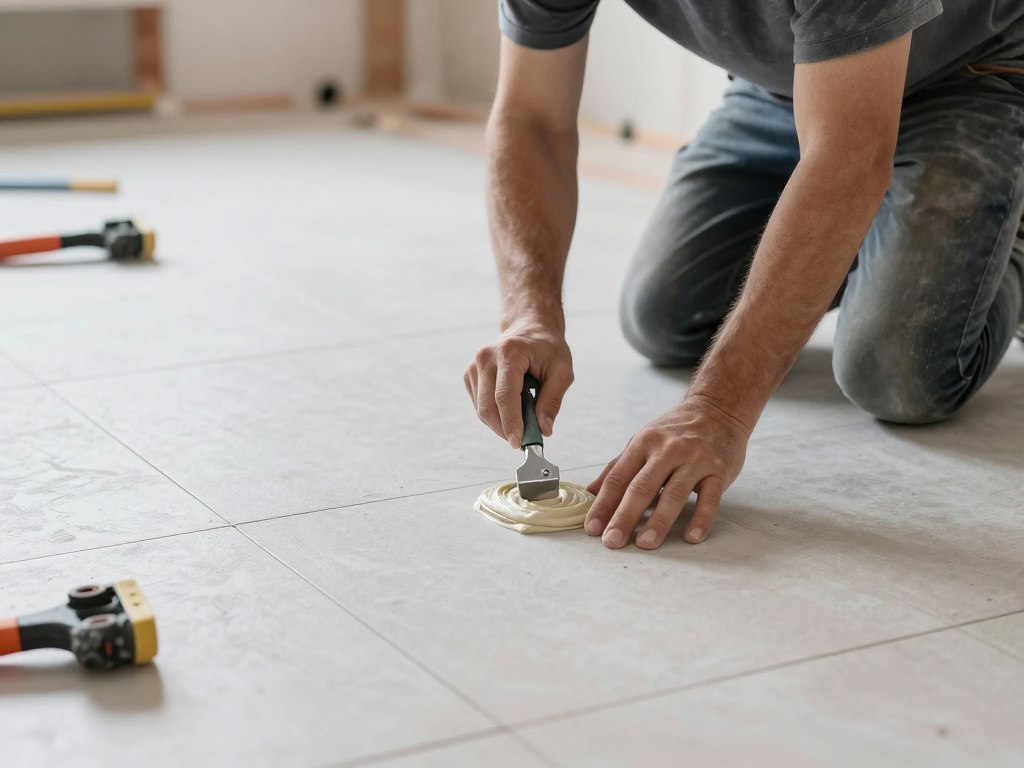 Fliesenleger bereitet Untergrund für Bodenfliesen vor