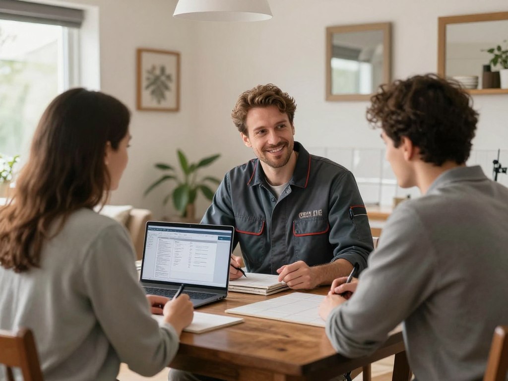 Fliesenleger erstellt Kostenvoranschlag am Laptop vor Ort beim Kunden