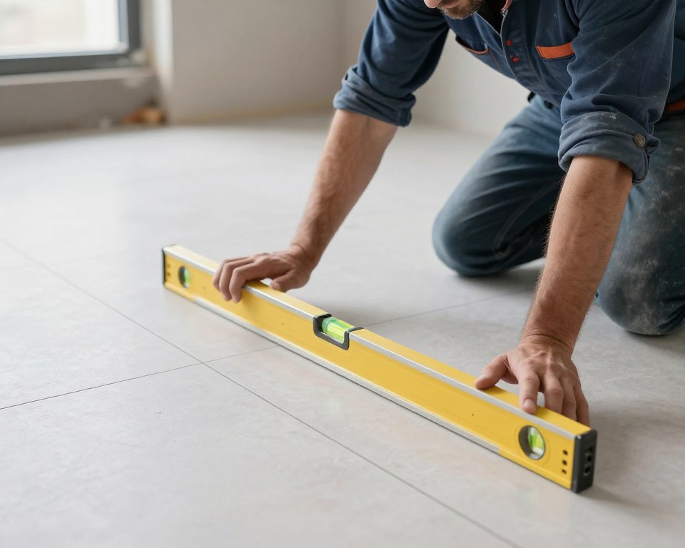 Fliesenleger prüft Untergrund auf Ebenheit mit Wasserwaage vor der Verlegung