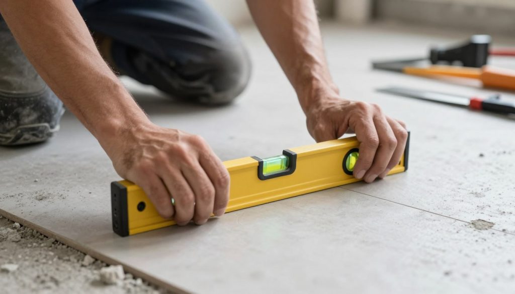 Fliesenleger untersucht den Untergrund mit einer Wasserwaage vor der Verlegung
