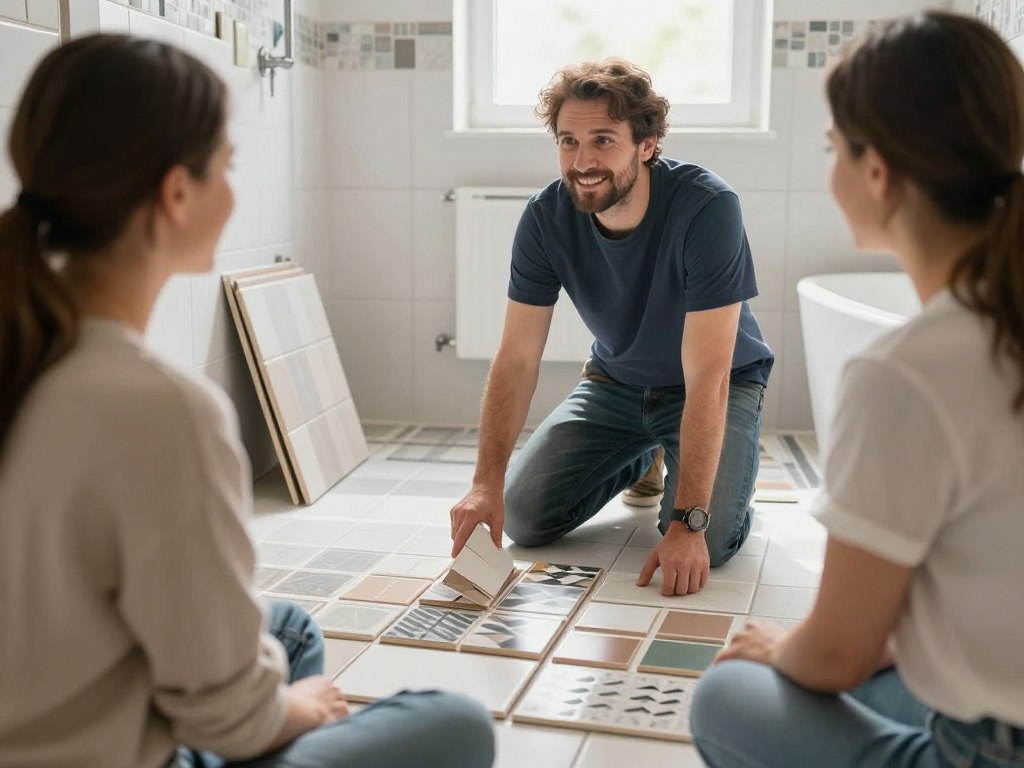 Fliesenleger zeigt Hausbesitzerin verschiedene Verlegemuster für Badezimmerfliesen