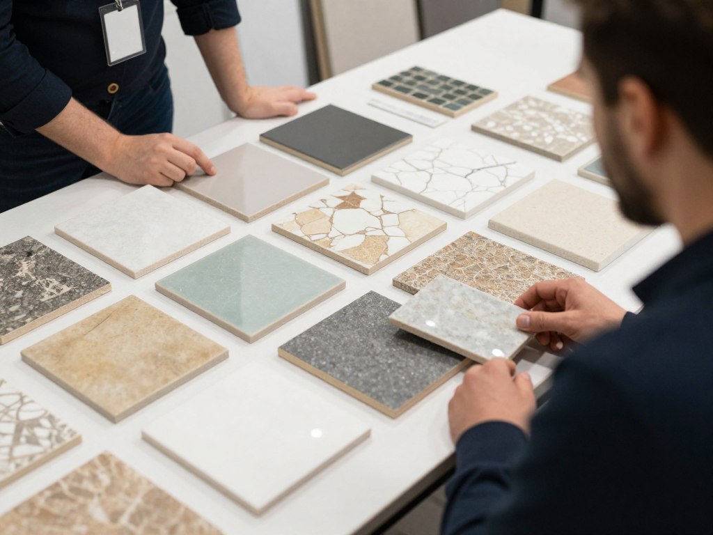 Fliesenleger zeigt verschiedene Fliesenarten und Muster für Badezimmer