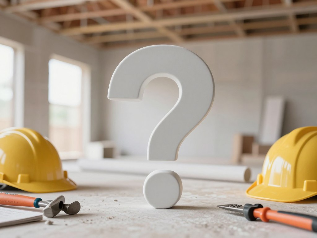 Fragezeichen Symbol auf Baustelle mit Trockenbau Werkzeugen im Hintergrund