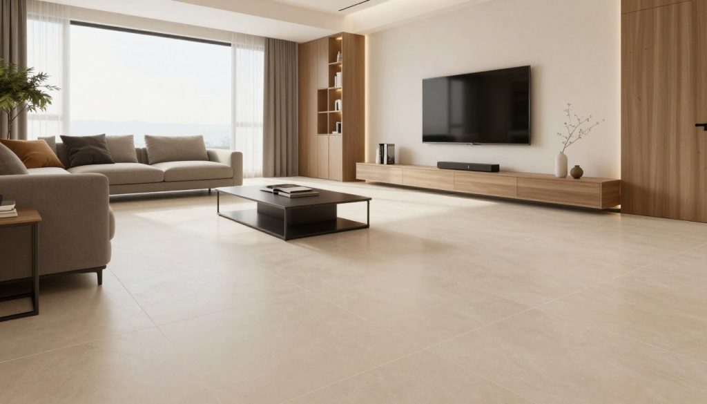 Großformatige Bodenfliesen im modernen Wohnzimmer mit Fußbodenheizung