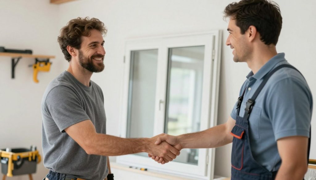 Handschlag zwischen Hausbesitzer und Fensterbauer nach erfolgreicher Vermittlung