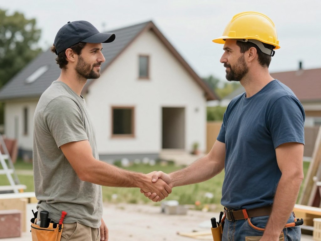Handschlag zwischen Hausbesitzer und Maurer auf Baustelle