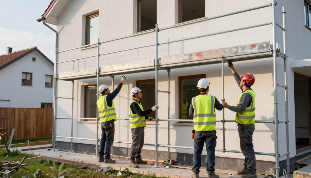 Handwerker Team beim Aufbau Baustellengerüst für Fassadenputz Arbeiten in Stuhr