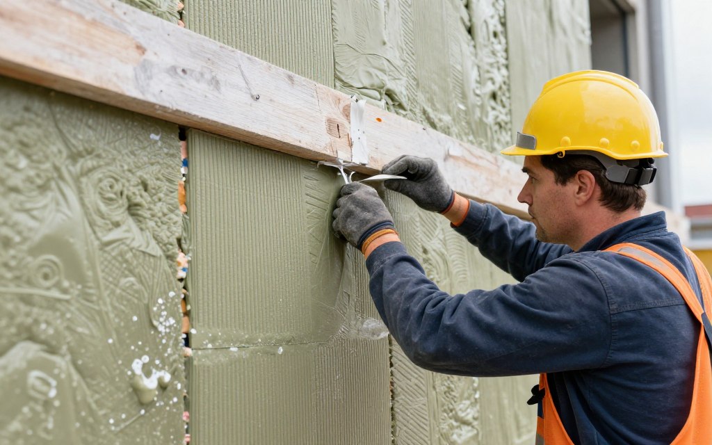 Handwerker bei der fachgerechten Dämmung einer Außenwand