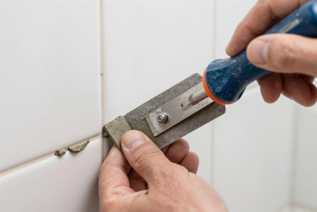 Handwerker beim Auskratzen alter Fugen zwischen Fliesen in einem Badezimmer