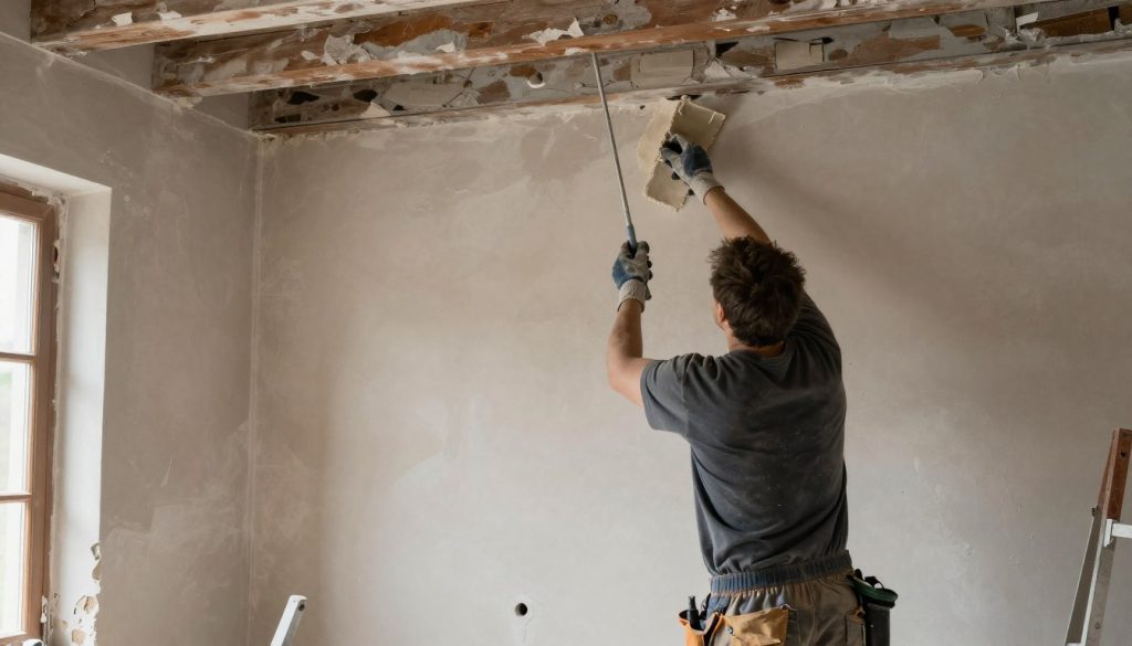 Handwerker beim Entfernen von altem Putz vor Sanierung in Altbau Stuhr