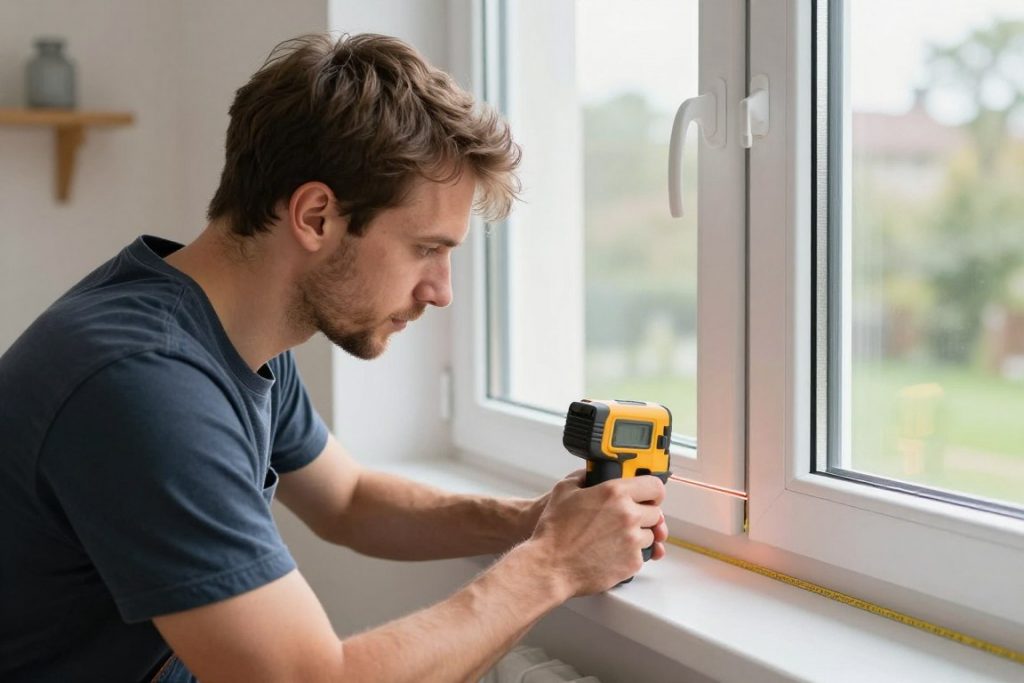 Handwerker beim präzisen Aufmaß eines Fensters mit Laser-Messgerät