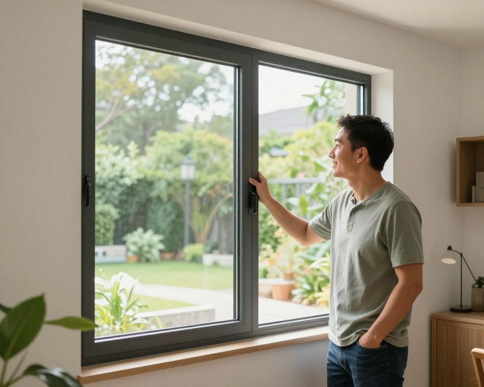 Hausbesitzer betrachtet zufrieden neu eingebaute Fenster von innen mit Blick in den Garten