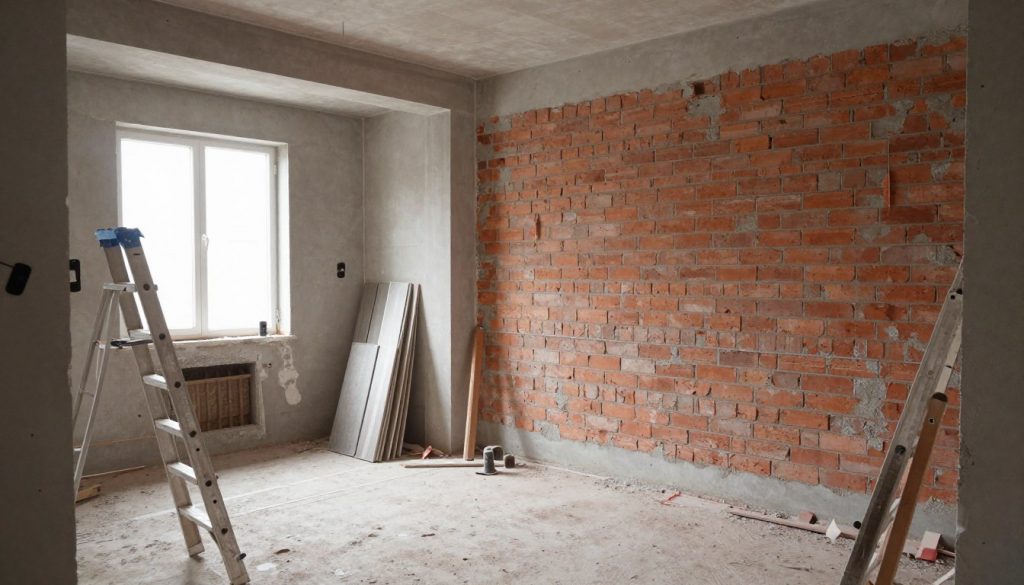 Innenansicht eines Altbaus während der Renovierung mit freiliegenden Wänden