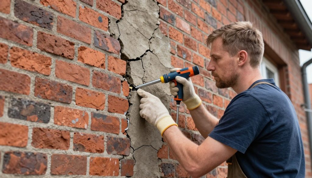 Maurer bei Risssanierung an Fassade in Oldenburg