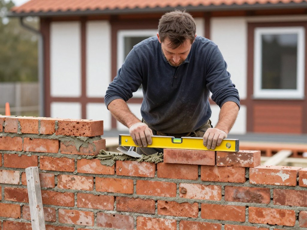 Maurer beim Setzen von Mauersteinen