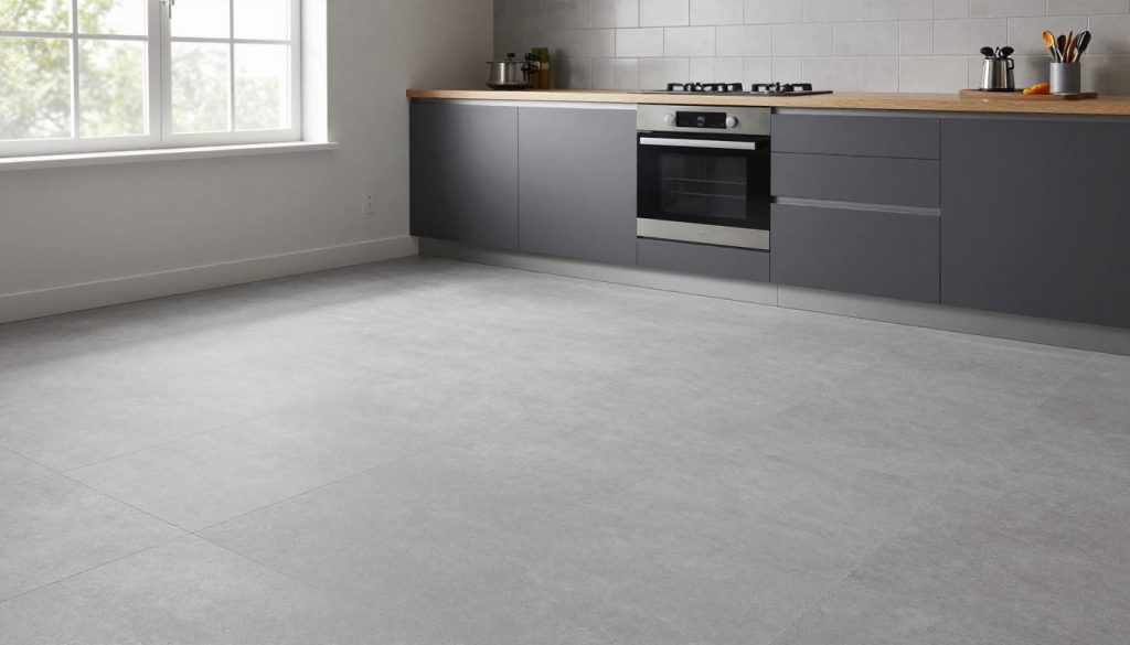 Moderne Küche mit frisch verlegten großformatigen Bodenfliesen und Fliesenspiegel in Weyhe