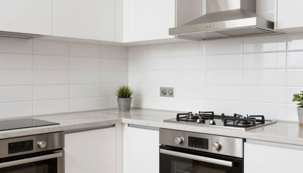 Moderne Küche mit gefliesten Arbeitsbereichen und pflegeleichter Oberfläche